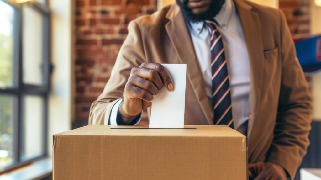 African American man placing a ballot into a voting box at a polling station. Black male voter. Concept of democracy, elections, civic duty, diversity. American presidential elections